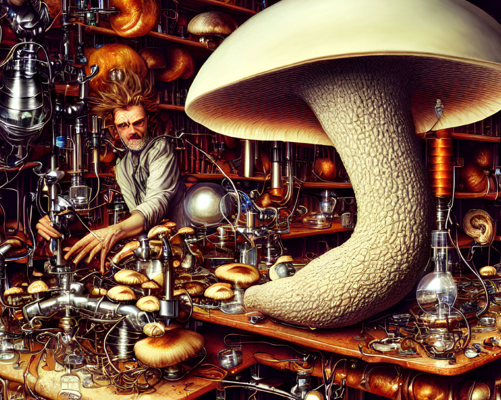 Man with wild hair conducts experiments in cluttered lab with mushrooms and glassware under giant mushroom