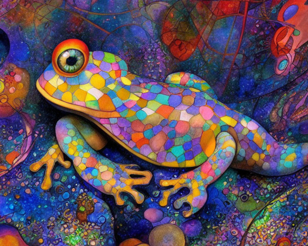 Colorful Mosaic Pattern Frog on Abstract Cosmic Background