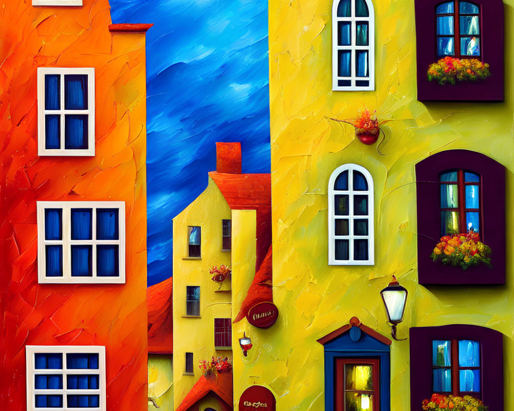 Colorful whimsical buildings under vivid blue sky in vibrant painting