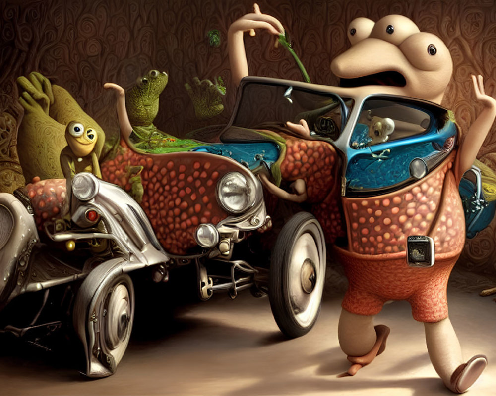 Whimsical animated creatures with quirky car designs in surprising setting