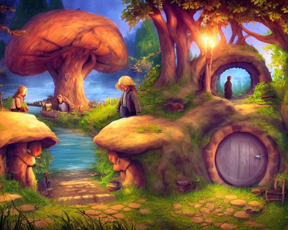 Fantasy illustration: Mushroom-shaped village with cobblestone path and lush greenery