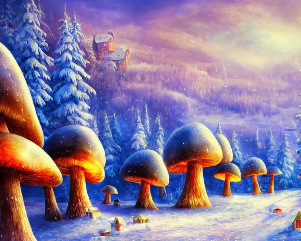 Winter landscape with whimsical mushrooms, snowy cabin, and purple sky