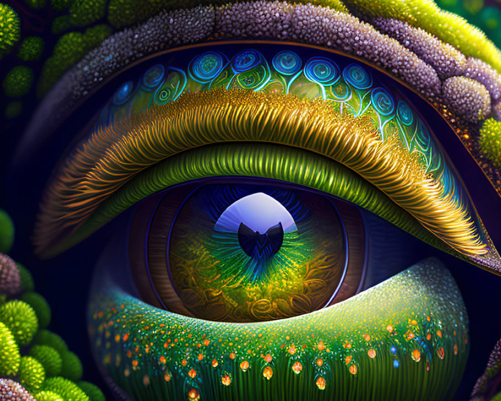 Colorful digital eye artwork with lush green iris and feather-like lashes