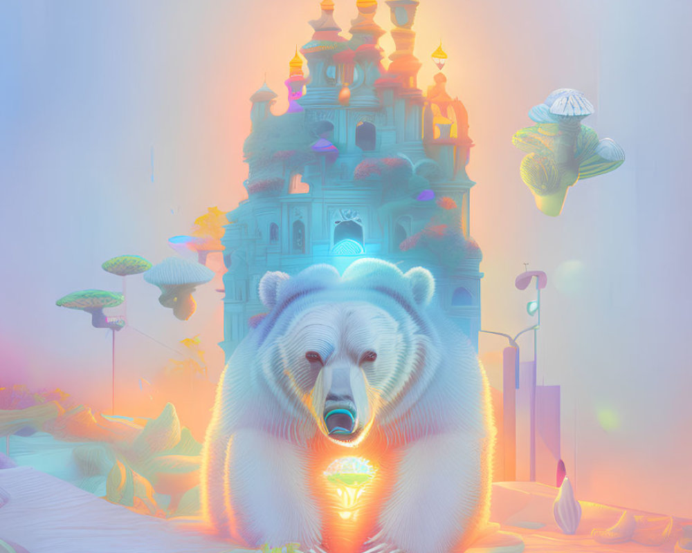 Surreal image: Bear with glowing orb, whimsical castle, floating mushrooms