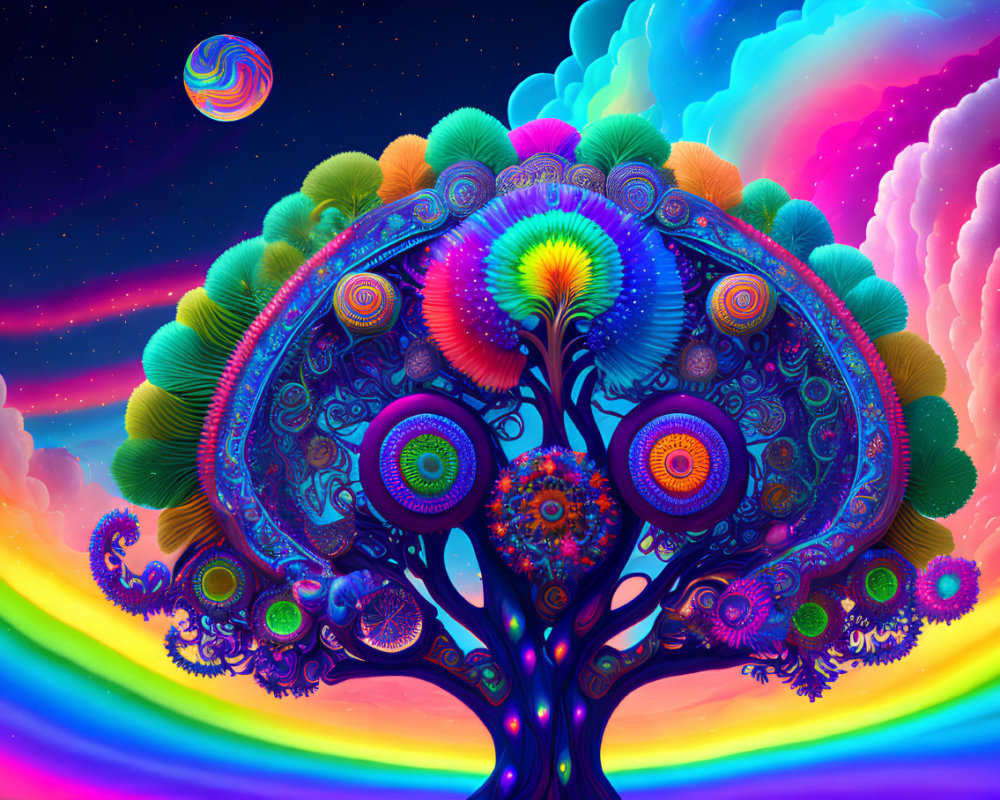 Colorful Psychedelic Tree Illustration with Swirling Planet Sky