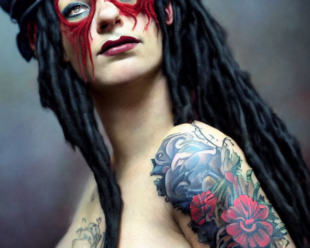 Woman with Black Dreadlocks and Red Makeup, Shoulder Tattoos of Floral and Aquatic Designs