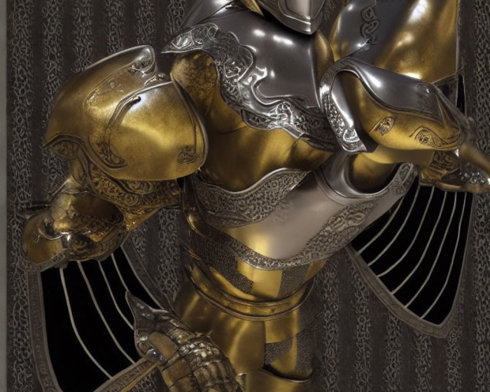 Intricate gold and silver accented armor with full helm on patterned backdrop