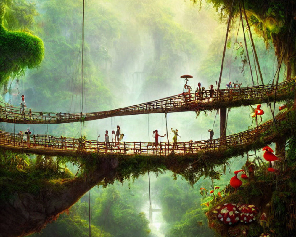 Fantasy landscape with rope bridge, people, and oversized mushrooms