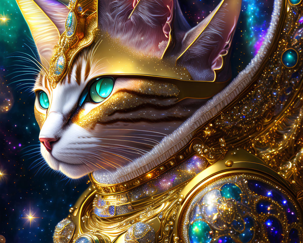 Majestic cat in golden armor with blue eyes on cosmic background