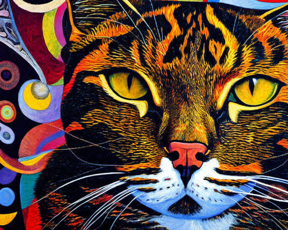 Colorful Abstract Artwork: Cat with Intense Yellow Eyes