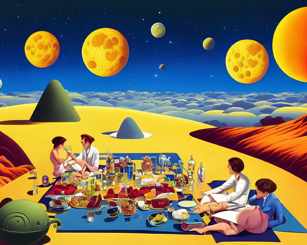 Surreal alien planet picnic with oversized moons