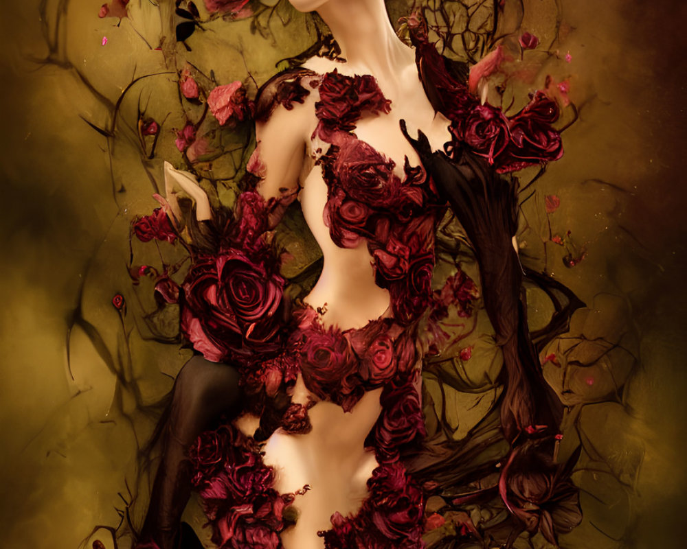 Woman blending into dark red roses with moody amber background