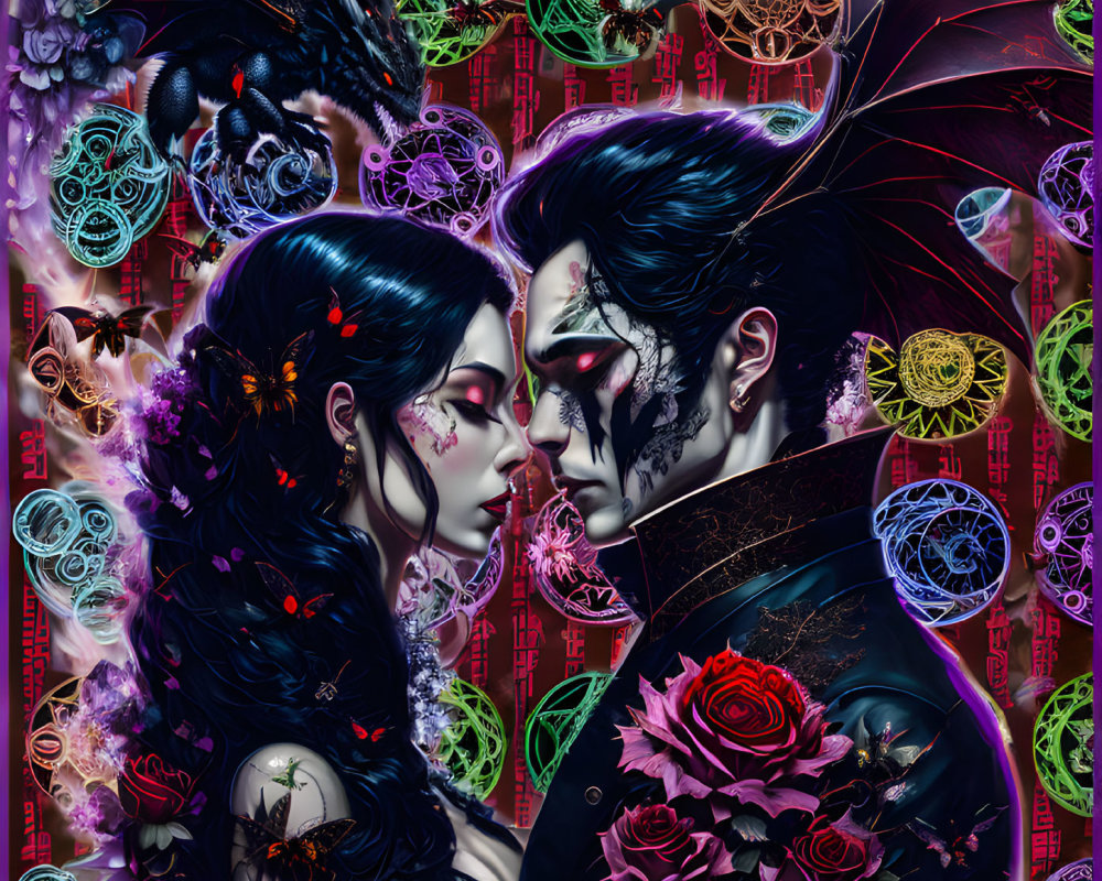 Gothic romantic digital art with dragons, gears, and floral motifs