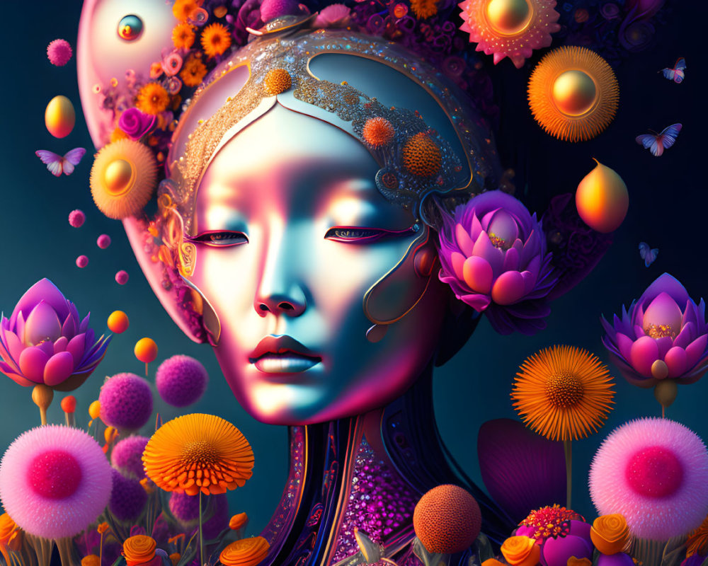 Surreal female figure with golden headgear in vibrant digital art