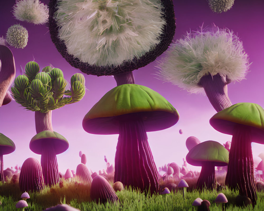 Stylized surreal landscape with fluffy mushrooms and trees under a purple sky