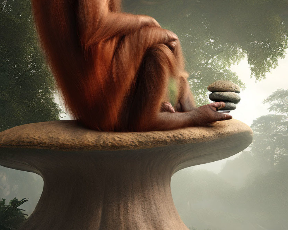 Orangutan sitting on mushroom rock with stones in lush forest