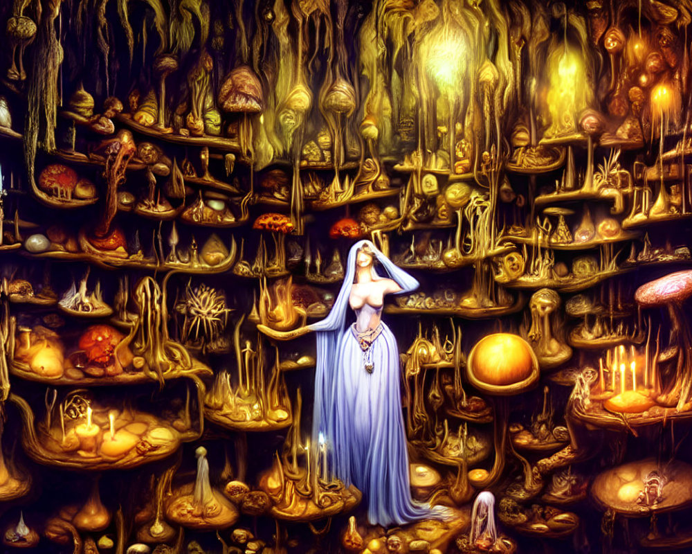 Golden-hued mystical forest with illuminated plants and woman in white dress holding orb