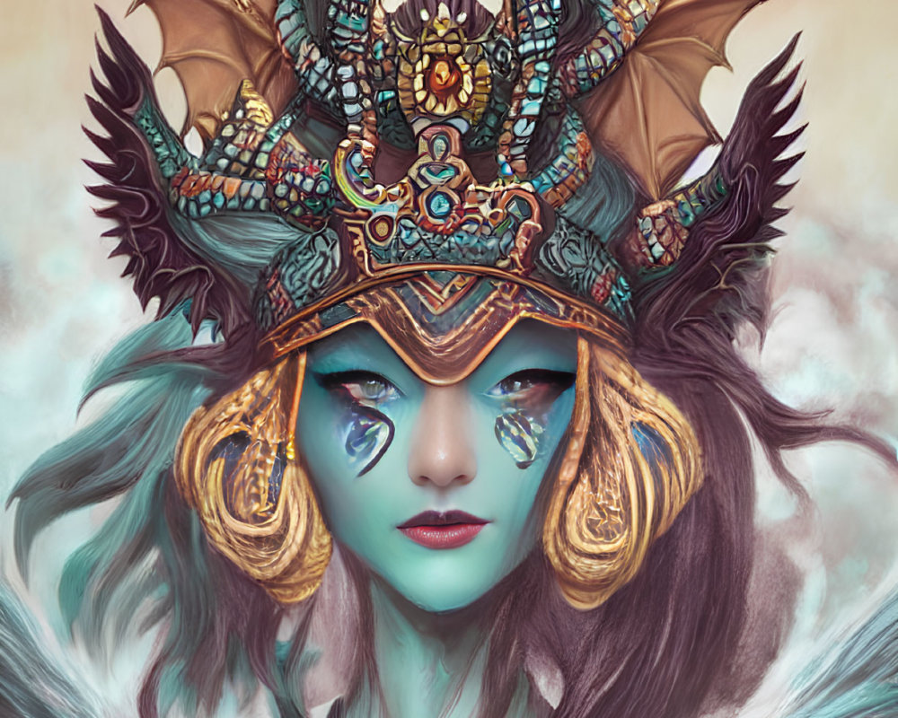 Woman with blue facial markings in dragon-themed headdress