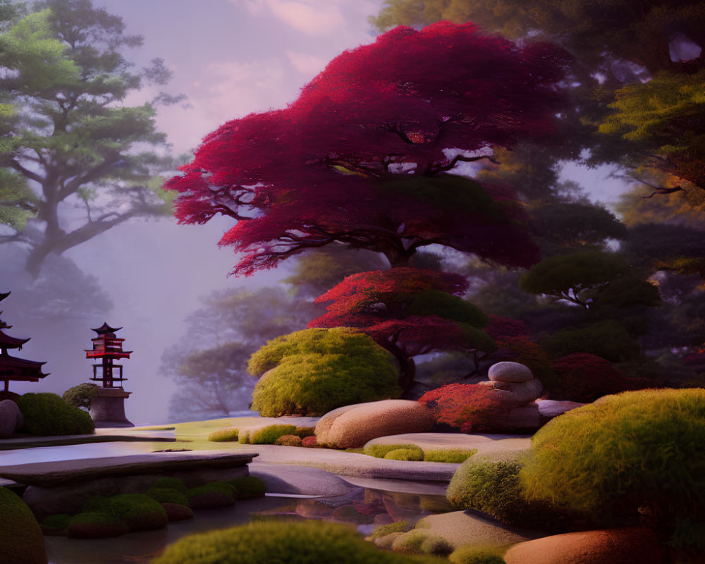 Tranquil Japanese garden at dusk with colorful trees, stone path, lantern