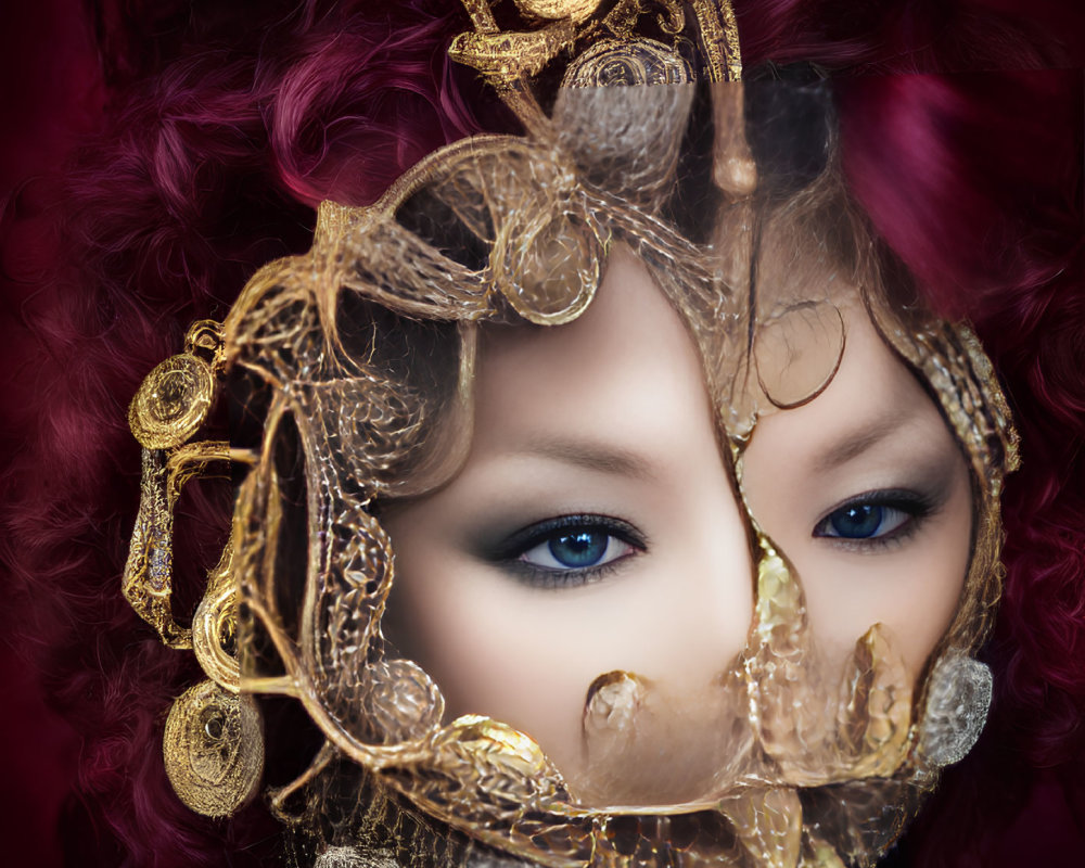 Close-up portrait of person with striking blue eyes and intricate gold headpiece against red backdrop