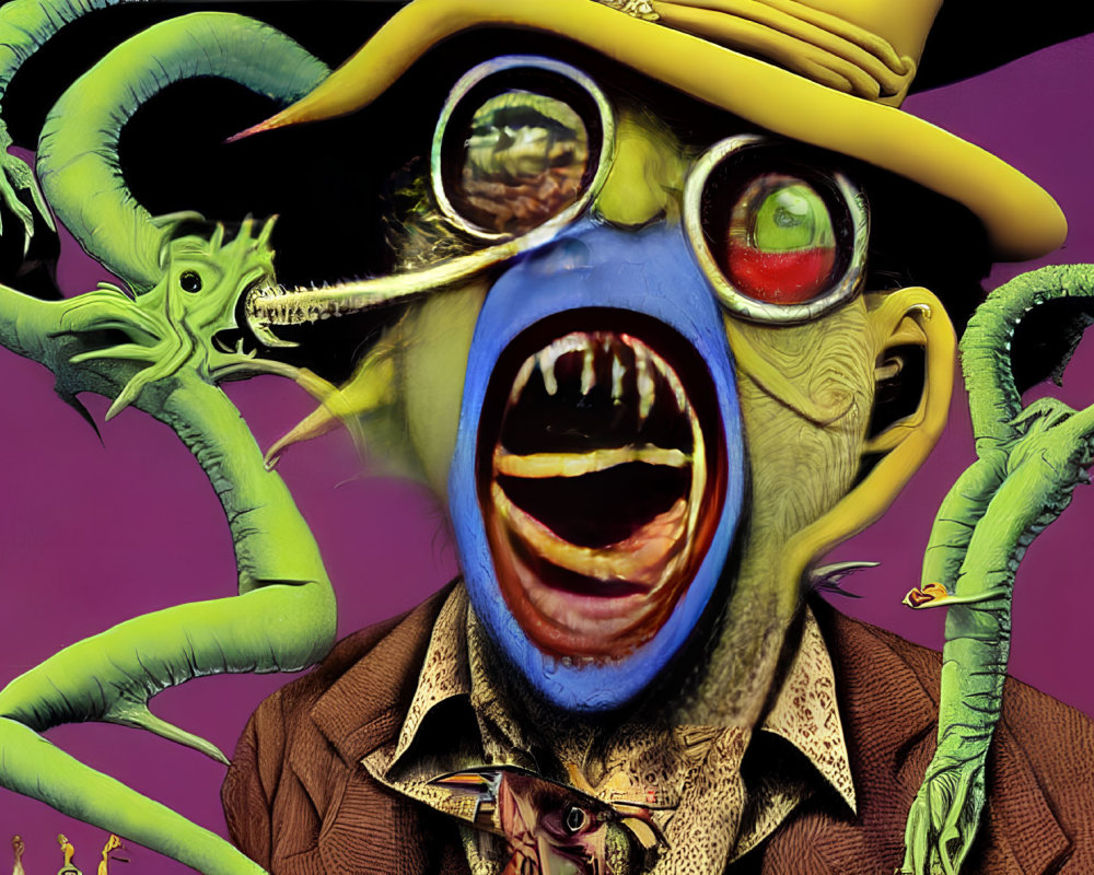 Colorful surreal humanoid figure with multiple eyes and snakelike appendages