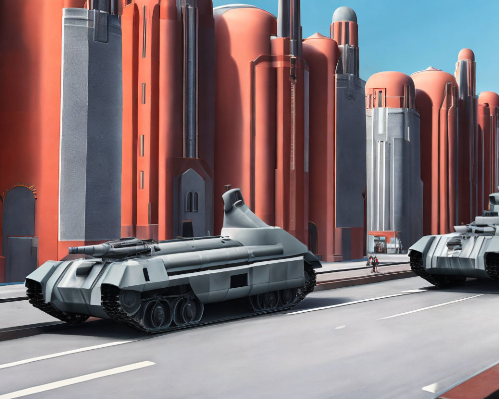 Futuristic cityscape with armored tanks and red cylindrical buildings