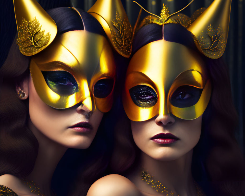 Two Women in Elaborate Golden Masks with Leaf Patterns and Matching Accessories