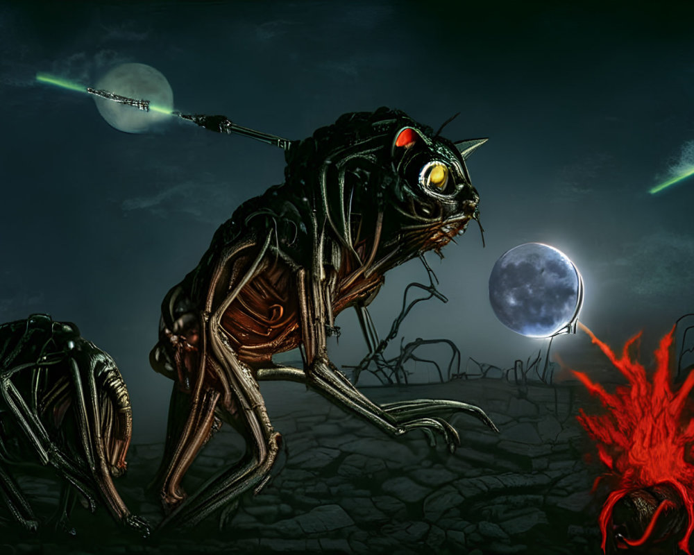 Mechanized insect-like creatures in barren landscape with glowing orb, moon, and shooting stars