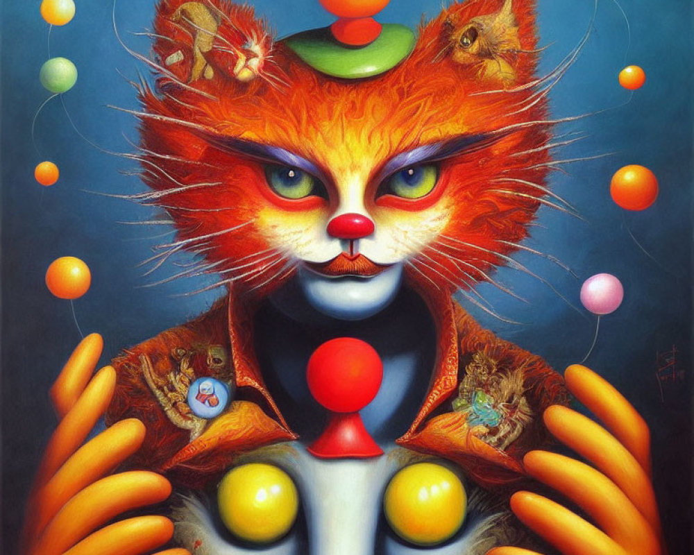 Surrealist painting: Cat with human-like face juggling balls, kittens on jacket, blue background