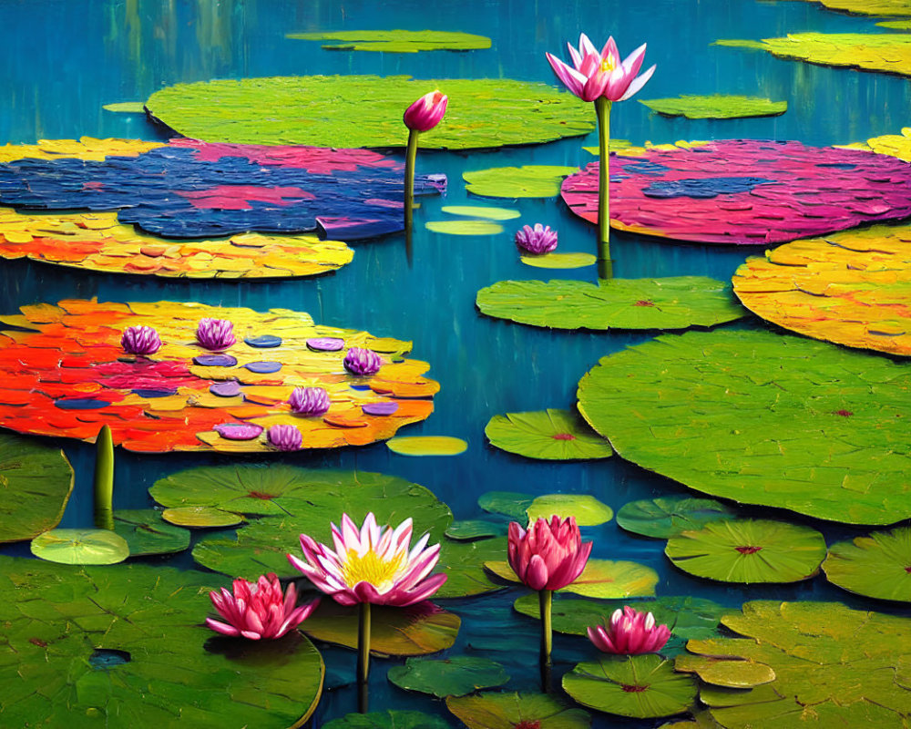 Vibrant pink lotus flowers on colorful lily pads in serene blue water