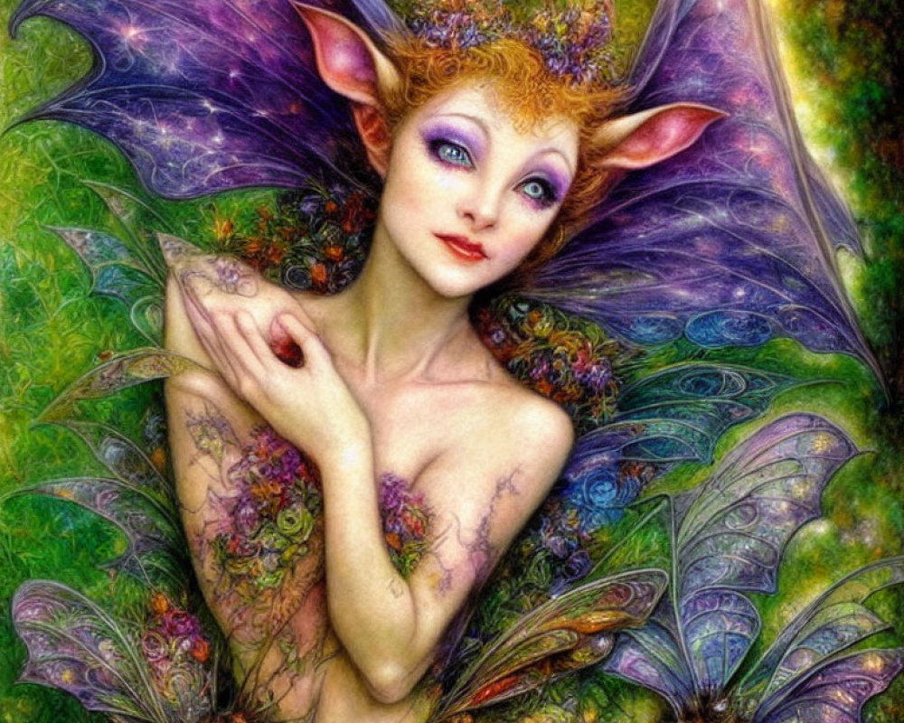 Colorful fairy with delicate wings in vibrant forest.