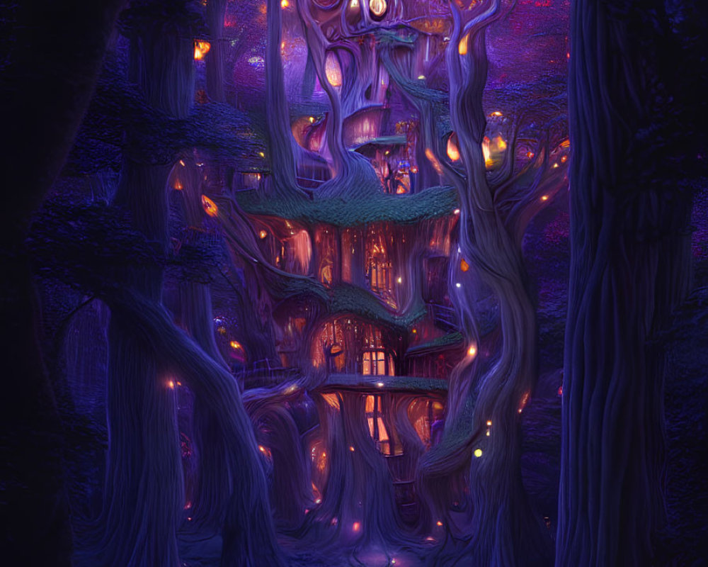 Enchanted forest treehouse with glowing windows at night