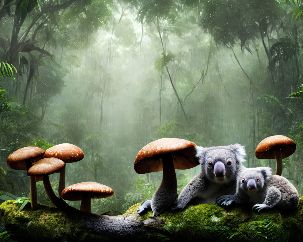 Two koalas resting near large mushrooms in misty green forest