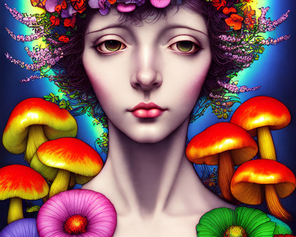 Digital portrait of woman with pale skin, grey eyes, vibrant floral crown, colorful mushrooms and flowers