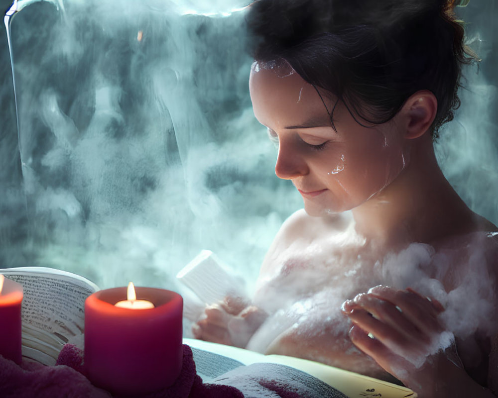 Woman relaxing in warm bath with steam, candles, and book