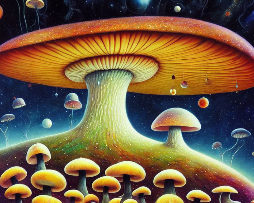 Colorful surreal illustration of oversized mushrooms with cosmic backdrop and floating spores under starry sky