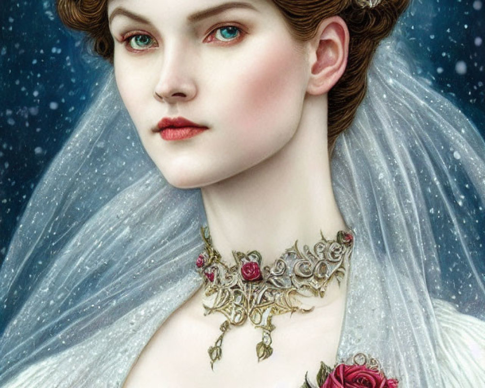 Portrait of woman with ornate crown, lace veil, roses, and gold accents