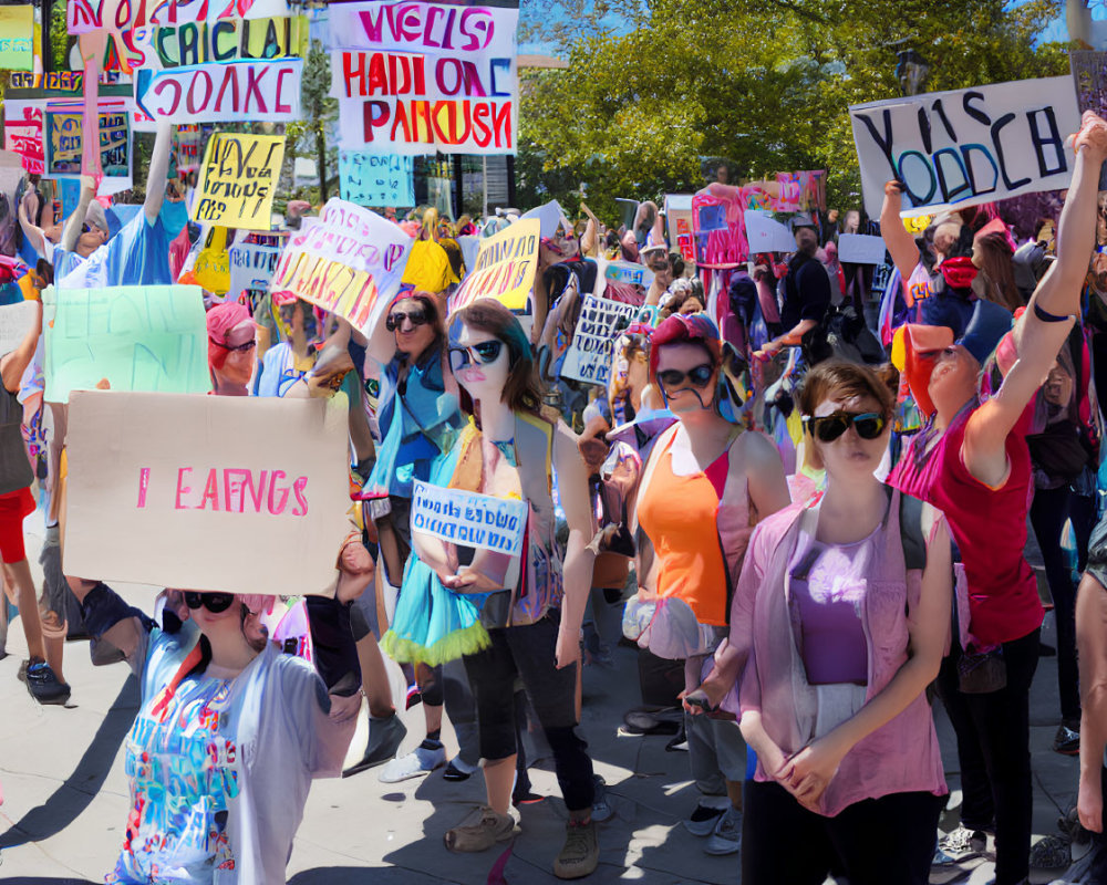 Diverse People with Colorful Protest Signs on Sunny Day