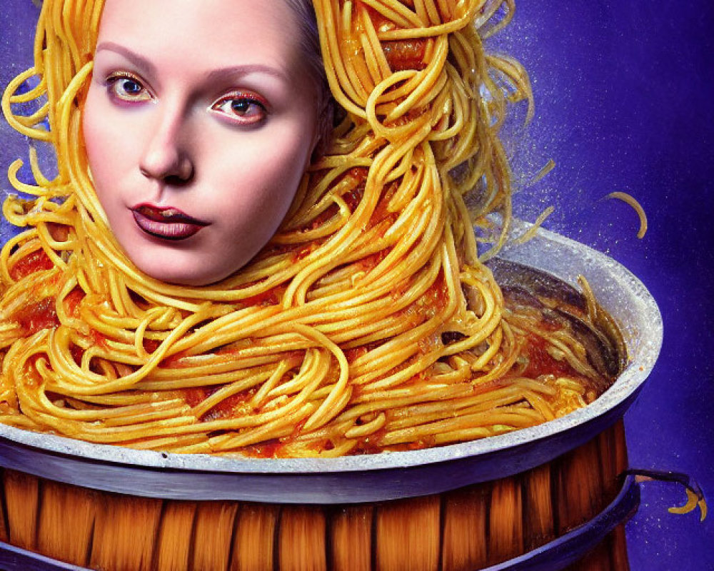 Surreal portrait: person with spaghetti hair in pot, tiny figure, purple background