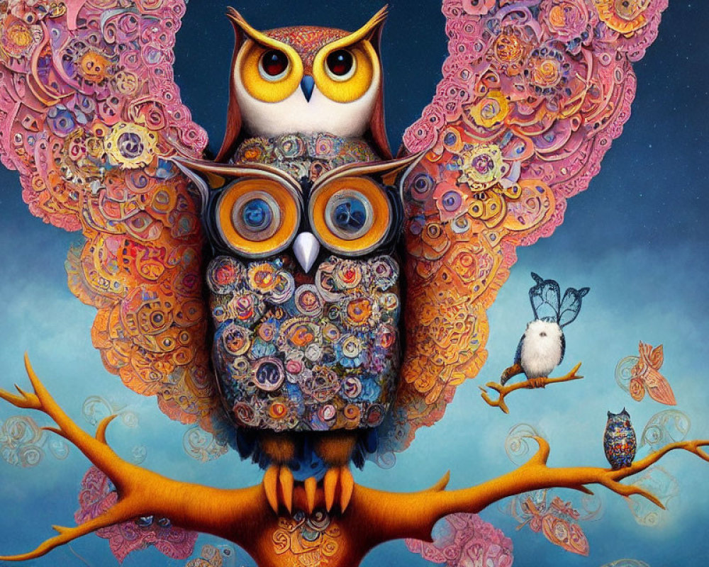 Vibrant, stylized owl art with intricate wing patterns and small bird