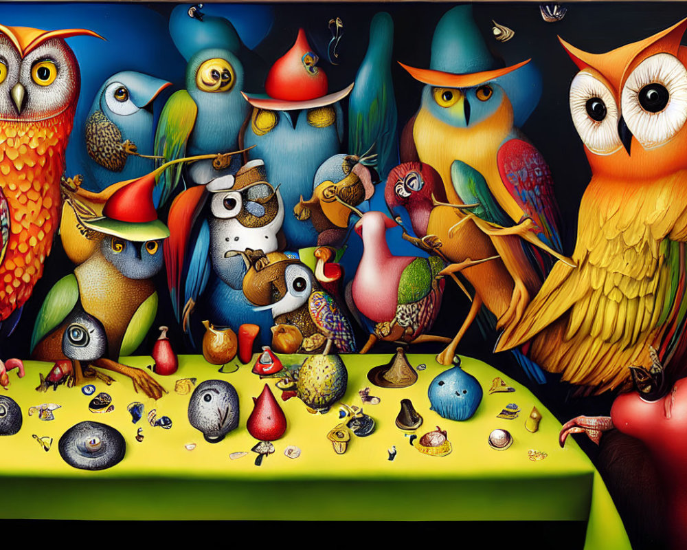 Vibrant illustration of stylized owls and birds with human-like features at a table full of