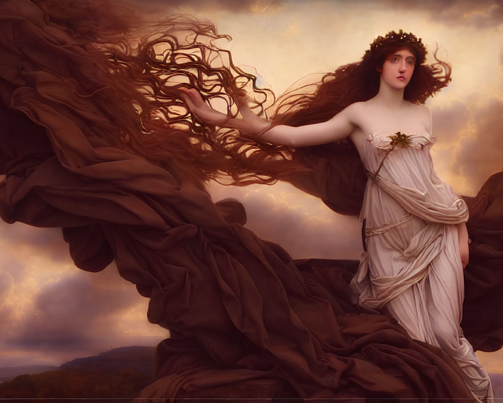 Ethereal woman with auburn hair in white gown under dramatic sky