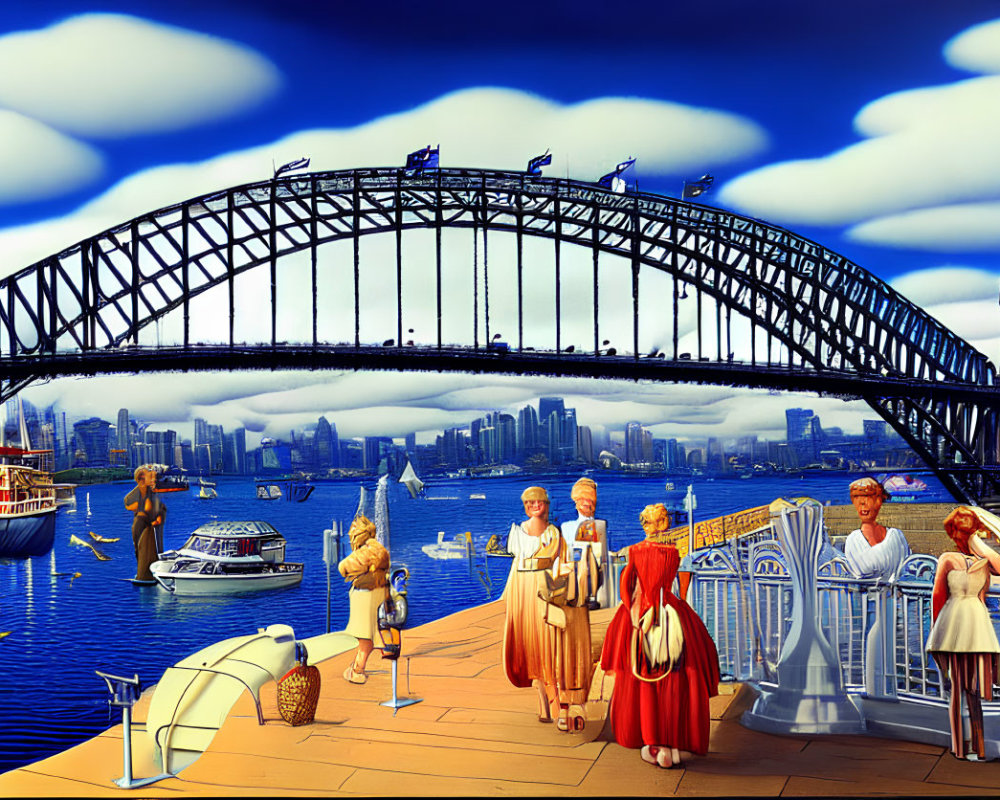 Vibrant harbor scene with vintage attire, boats, Sydney Harbour Bridge, and Opera House.