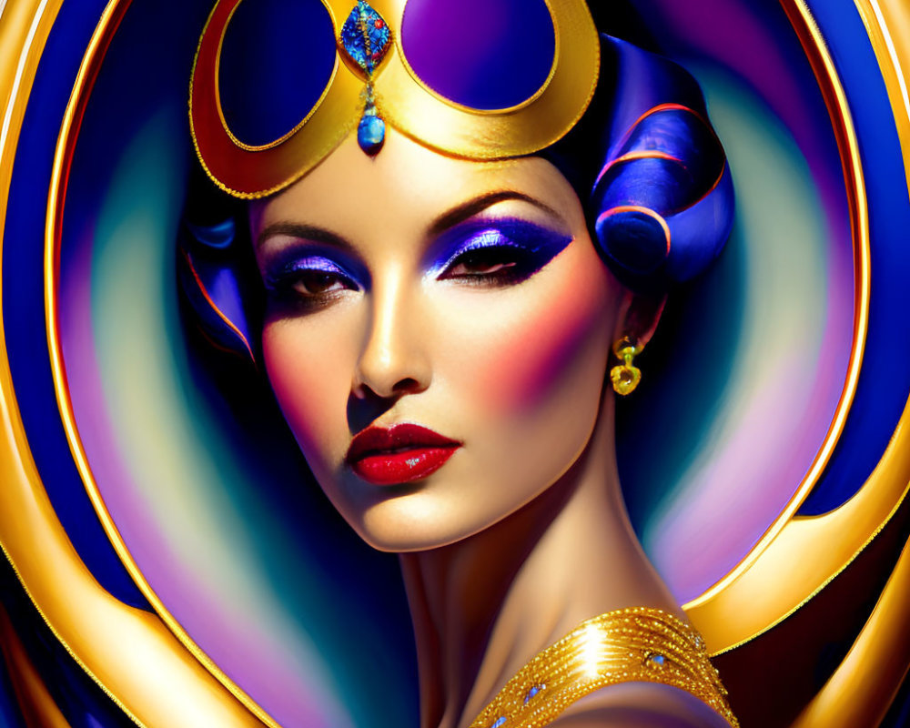 Colorful digital portrait of a regal woman with golden crown and vibrant makeup