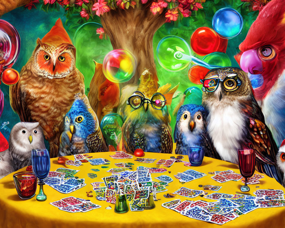 Vibrant Cartoon Owls in Festive Forest Gathering