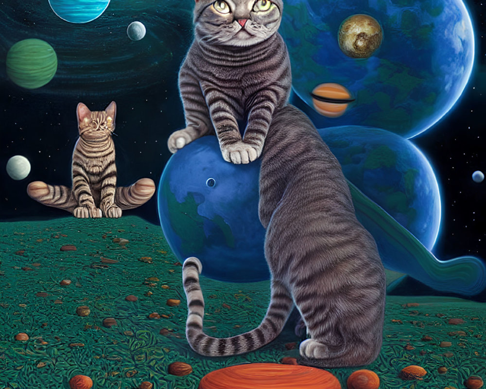 Digital Artwork: Oversized Cats on Grass with Cosmic Background