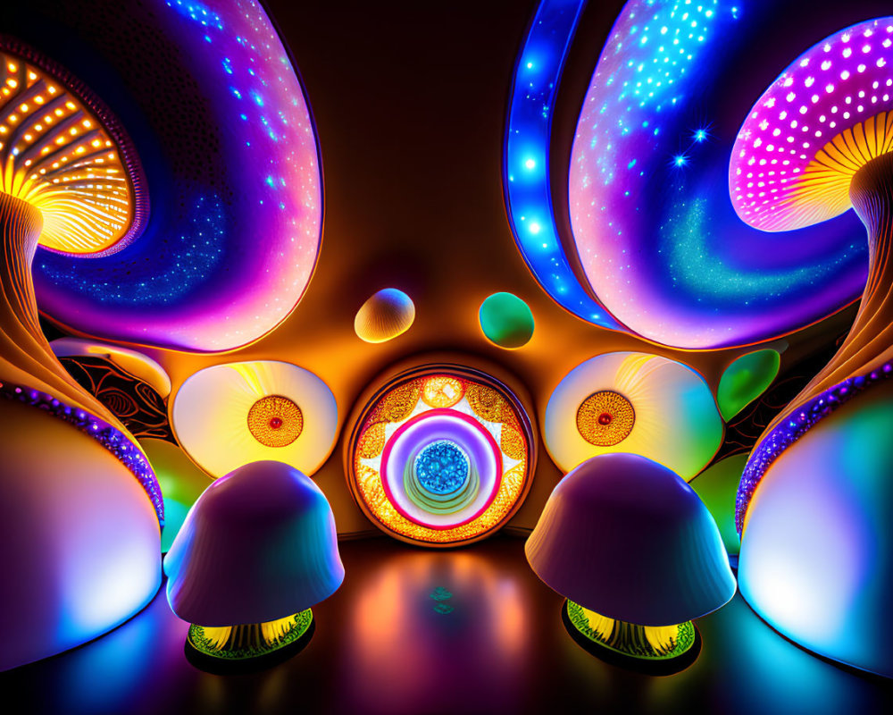 Colorful Glowing Mushroom Art with Eye Motif in Cosmic Setting