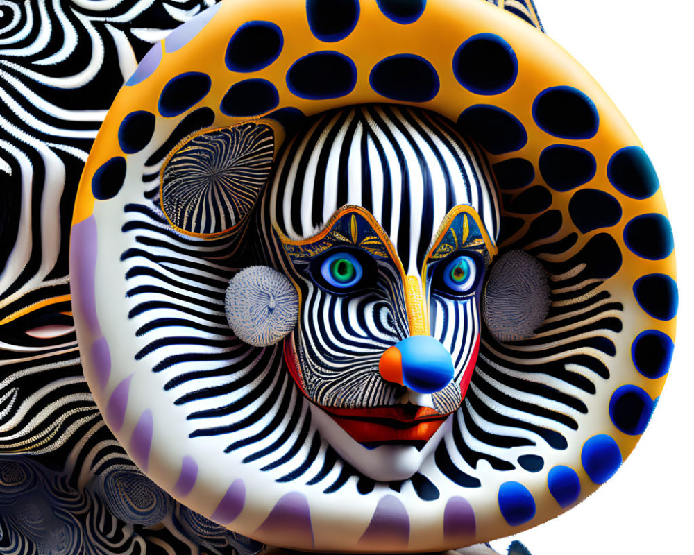 Colorful surreal clown face with hypnotic patterns in blue and orange