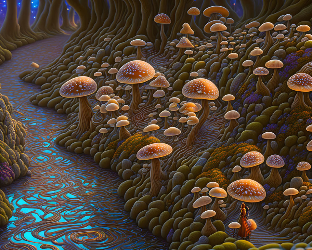 Surreal forest scene with bioluminescent mushrooms, vibrant trees, and reflective blue river