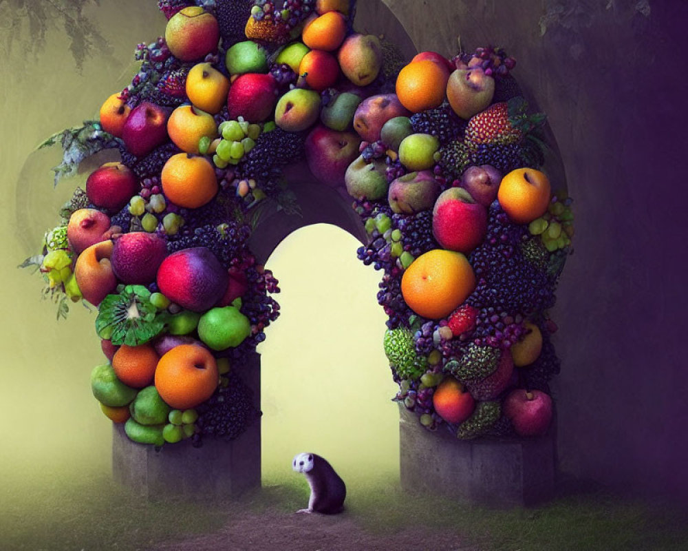 Colorful Fruit Archway with Curious Badger Peeking Through